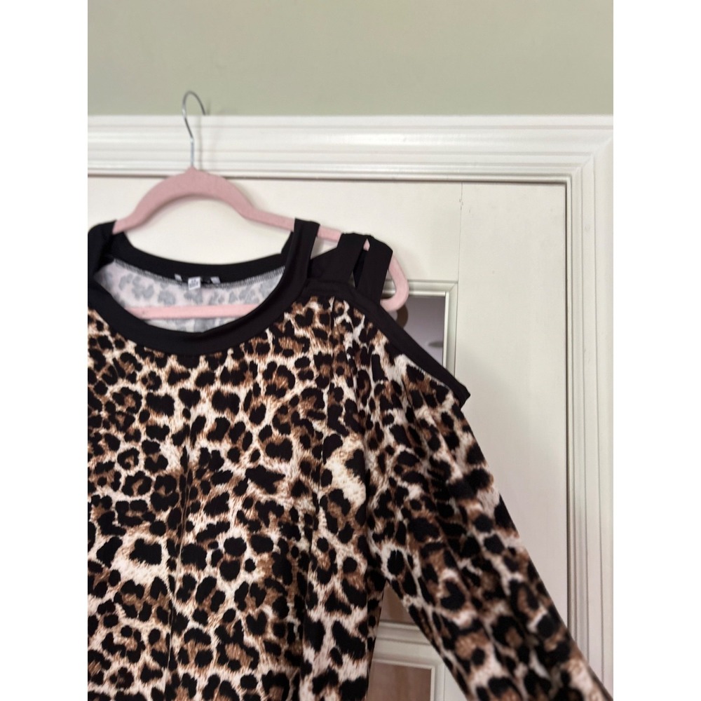 EUC White Birch Tunic Top 2X Black Animal Leopard Print Strappy Cold Shoulder - Picture 3 of 12